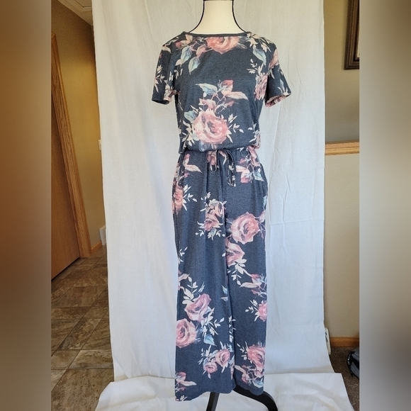 Tickled teal Pants - Tickled Teal blue grey floral drawstring jumpsuit w/pockets S
